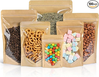 FireKylin 100 PCS Stand Up Pouches,3.9" x 5.9" Paper Bags With Window Clear Front Pouches Resealable Zipper Food Storage Brown