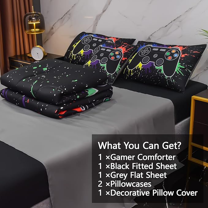 6Pcs Gamer Comforter Set with Sheets for Boys Girls Kids Teens, Colorful Graffiti Gaming Themed Bed in A Bag Twin Size, Black 3D Video Game Controller Bedroom Decor Bedding Set