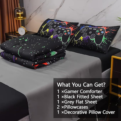 6Pcs Gamer Comforter Set with Sheets for Boys Girls Kids Teens, Colorful Graffiti Gaming Themed Bed in A Bag Twin Size, Black 3D Video Game Controller Bedroom Decor Bedding Set