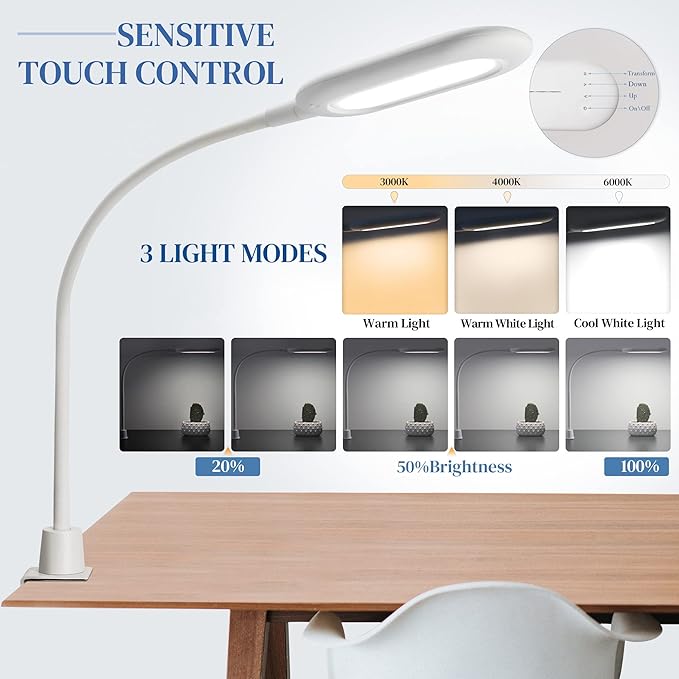 LED Desk Clamp Lamp, Eye Care Table Light Bright Enough for 700 Lumen, 10W Dimmable & 3 Color Modes, Flexible Gooseneck Touch Desk Lights for Home/Office/Reading/Work (White)