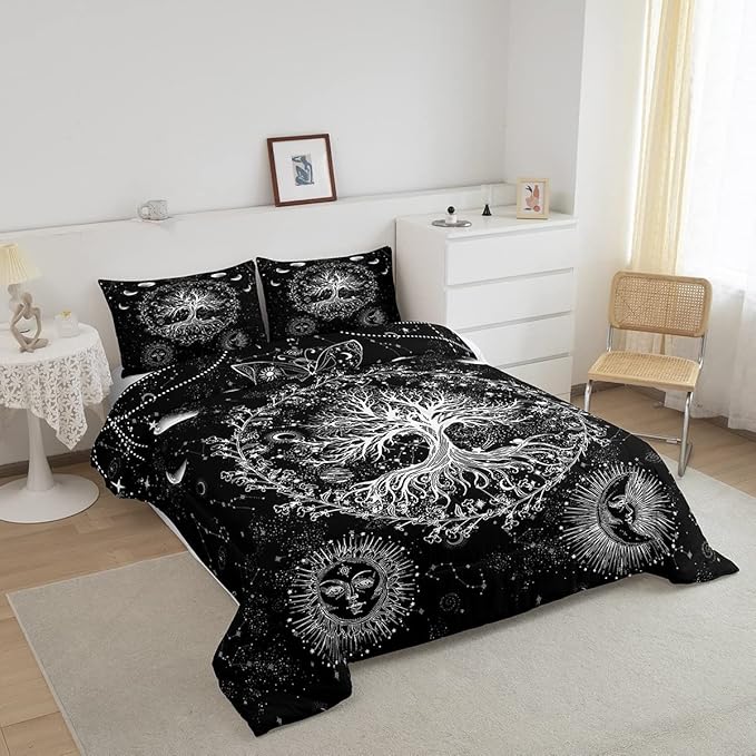 Feelyou Sun and Moon Comforter Bohemian Tree Butterfly Style Bedding Set Psychedelic Hippie Comforter Set for Boys Girls Children Teens Bedroom Decor Galaxy Astrology Duvet Set Full Size