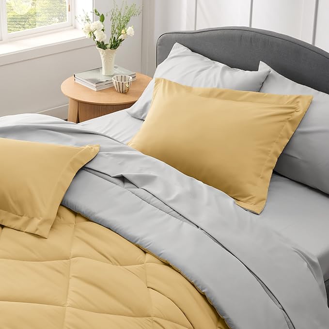Bedsure Yellow California King Size Comforter Set - 7 Pieces Reversible Cal King Bed in a Bag California King Bed Set with Comforters, Sheets, Pillowcases & Shams,