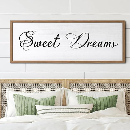 Sweet Dreams Wall Decor Above Bed 40x15 Inch Large Master Bedroom Hanging Wood Rustic Framed Farmhouse Sweet Dreams Sign Guest Room Aesthetic And Minimalist Over Bed Wall Art（Wood White）