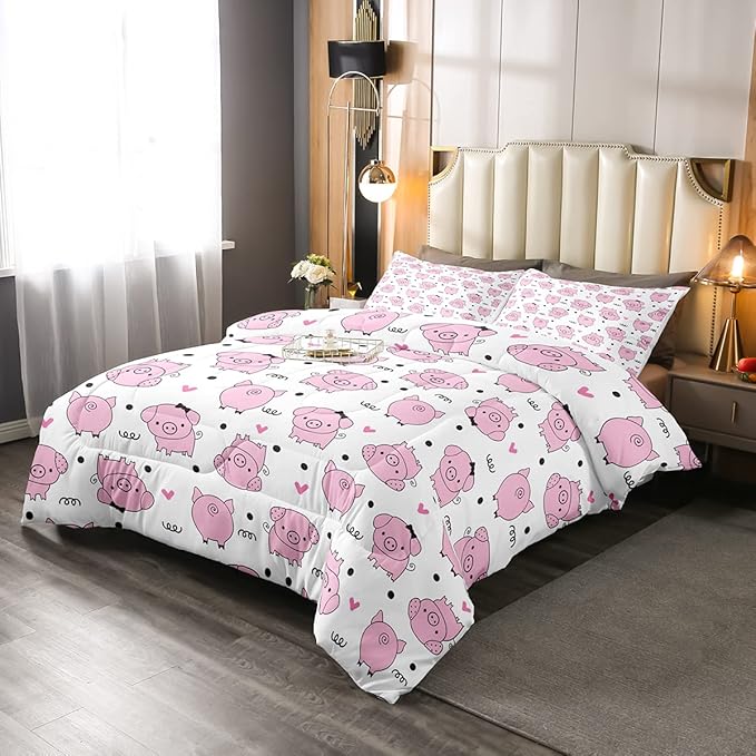 Erosebridal Pink Pig Comforter Set for Girls Kawaii Room Decor Queen,Cute Pigs Bedding Set for Kids Boys Children Farm Animal Quilted Duvet Sets Cartoom Style Soft Lightweight Down Comforter 3 Pcs