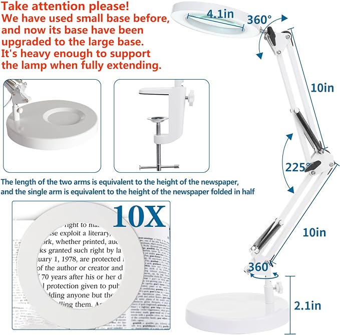 10X Magnifying Glass with Light, HITTI 1,800 Lumens Stepless Dimmable, 3 Color Modes, 4.2″ Real Glass Lens LED Magnifying Desk Lamp & Clamp, Magnifier Light and Stand for Crafts Close Work-White
