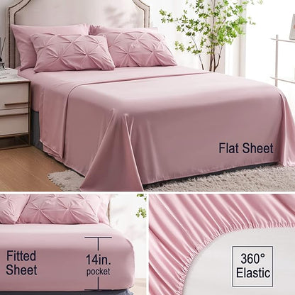 Ubauba 5pc Twin Comforter Set for Girls with Sheets, Blush Pintuck 5 Piece Bed in a Bag Set, Soft Pinched Pleat All Season Twin Size Bedding Sets (Pink,Twin)