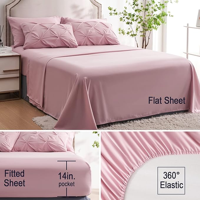 Ubauba 7pc King Size Comforter Set with Sheets, Blush 7 Piece Pintuck Bed in a Bag with Comforters and Sheets, Soft Fluffy Pinch Pleat Bedding Sets for Women (Pink,King)