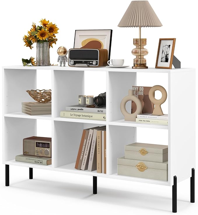 LOKO 6 Cube Bookcase, 3-Tier Floor Open Bookshelf with 5 Metal Legs, Cube Storage Organizer with Adjustable Shelves, Modern Display Shelving for Living Room, Study, Bedroom, Office (white)