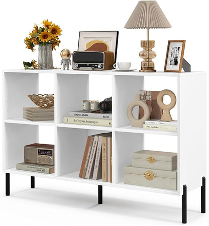 LOKO 6 Cube Bookcase, 3-Tier Floor Open Bookshelf with 5 Metal Legs, Cube Storage Organizer with Adjustable Shelves, Modern Display Shelving for Living Room, Study, Bedroom, Office (white)