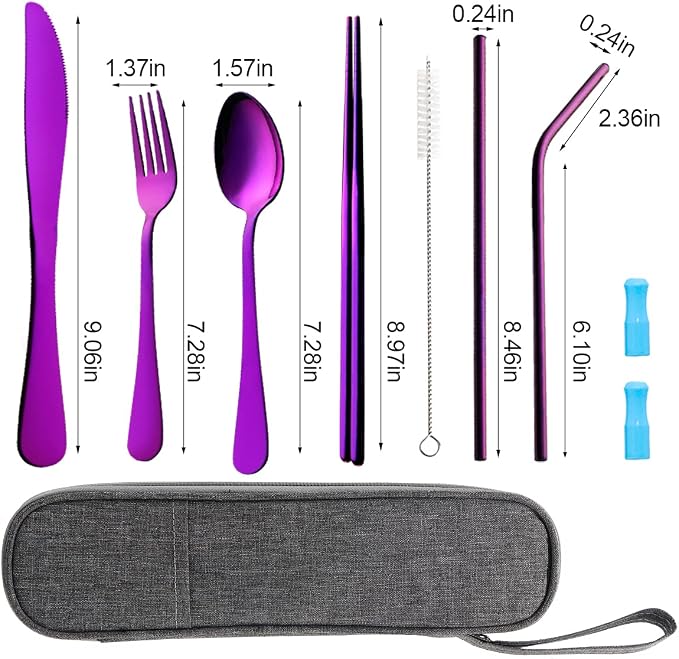 Travel Utensils Set with Case Reusable Portable Cutlery Set Stainless Steel 8pcs Including Dinner Knife Fork Spoon Chopsticks straws (Purple)