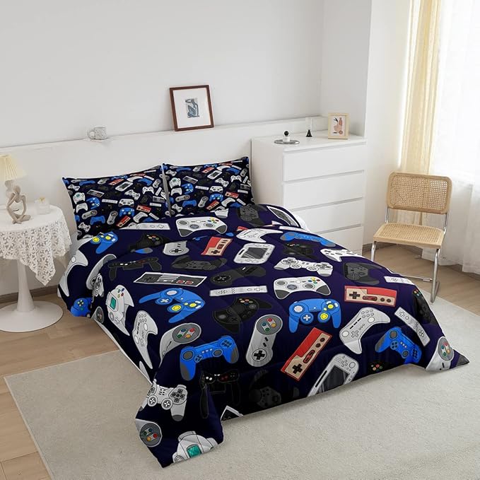 Erosebridal Teens Gamer Comforter Set Twin Size, Modern Game Down Comforter for Kids Boys Children, Video Game Bedding Set,Player Gaming Gamepad Joystick Soft Quilt Set Room Decor