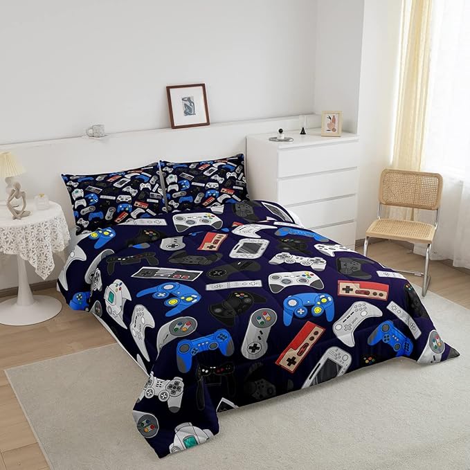 Erosebridal Boy Game Comforter Set Full Size Modern Gamer Down Comforter for Kids Girls Teens Children, Video Game Bedding Set,Player Gaming Gamepad Soft Lightweight Duvet Set Room Decor