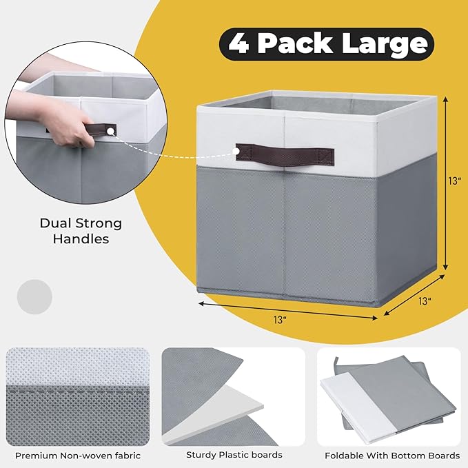 Criusia Fabric Storage Cubes - 13 Inch Large Storage Bins 4 Pack - Clothes Organizer Bins for Closet, Shelves, Cube Organizer/Cubby Collapsible Storage Baskets for Organizing Toys Blanket