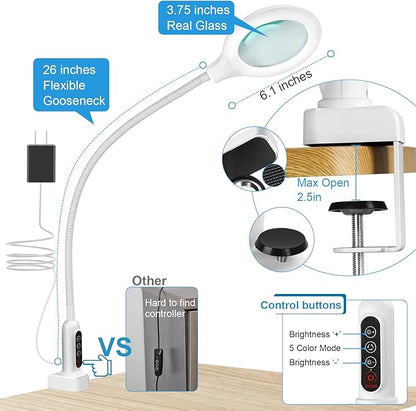 26" Gooseneck Magnifying Lamp with Clamp, 5 Color Modes Stepless Dimmable LED Desk Light with Magnifying Glass, 8X Real Glass Lighted Magnifier Hands Free for Painting Close Work Craft Hobby