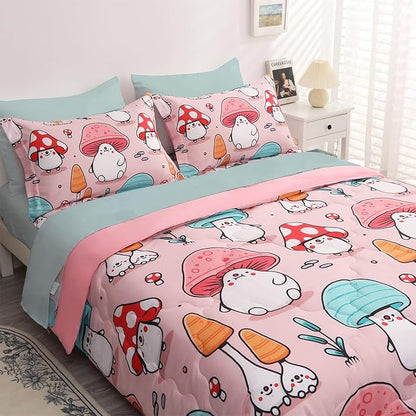 Wajade Kids Cute Mushroom Comforter Set Bed in A Bag Full Size 7 Piece Pink Cartoon Mushroom Head Bedding Set for Girls (1 Comforter, 1 Flat Sheet, 1 Fitted Sheet, 2 Pillowcase and 2 Pillow Sham)