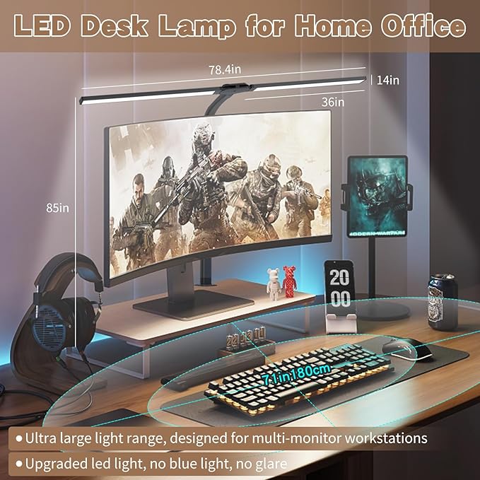 LED Desk Lamp for Home Office, Gooseneck Desk Light Architect Clip on office Lamp with 10 Dimmable 7 Modes, 24W Sensor Auto Dimming Table Lights for Desk, Adapter Included