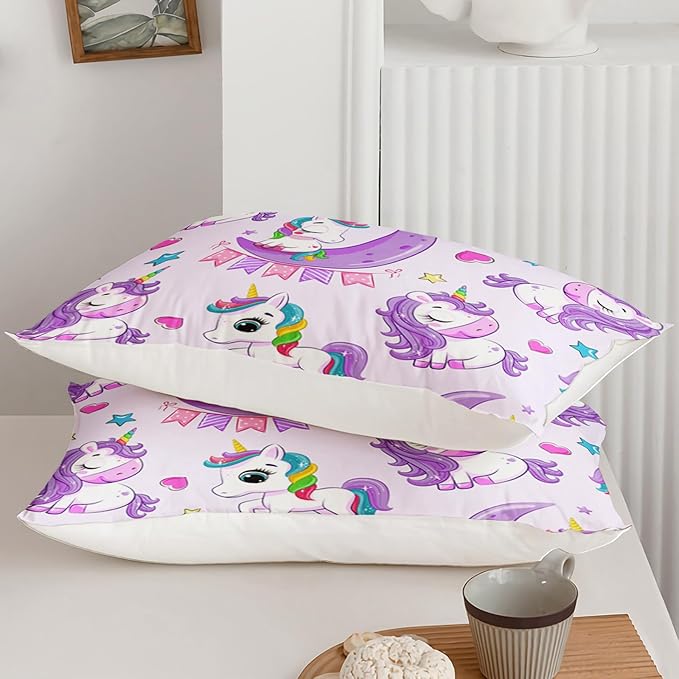 Axolotl Purple Unicorn Comforter Set Queen Size,Girls Bedding Set,Cute Unicorn Rainbow Bedding Set with Stars for Kids Girls Teens Adults Women,1 Comforter with 2 Pillowcase Unicorn Gifts for Girls