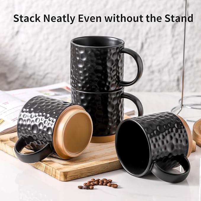 Nihow 16 Oz Ceramic Coffee Mug Set of 4 with Stackable Stand,Matte Black | Stackable, Stainless Stand Included, Cappuccino & Tea, Hot/Cold Drinks, Dishwasher & Microwave Safe