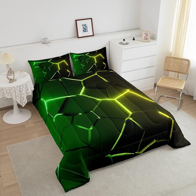 Honeycomb Comforter Green Yellow Hexagonal Print Bedding Set for Kids Boys Girls Children Beehive Geometrical Comforter Set Ultra Soft Decor Reticulated Duvet Set Queen Size