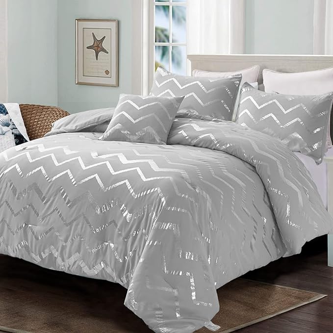 Grey and Silver Comforter Set King Size, Metallic Print Geometric Bedding Set, 4 Piece Lightweight Microfiber Comforter for Teen Girls Boys Women (2 Pillow Shams + 1 Decorative Pillow Sham)