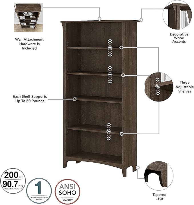 Bush Furniture Salinas Tall 5 Shelf Bookcase in Ash Brown