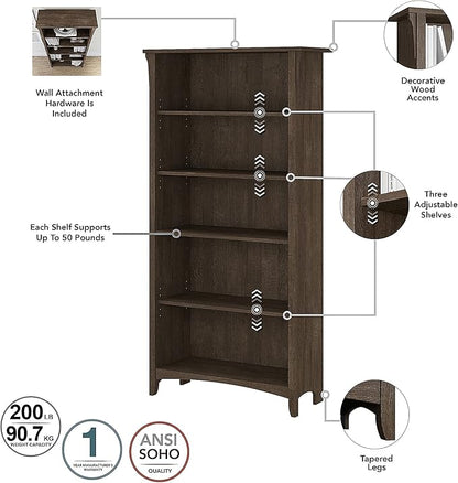 Bush Furniture Salinas Tall 5 Shelf Bookcase in Ash Brown