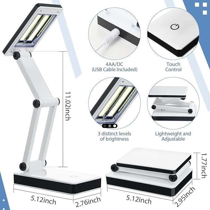 6 Pcs Foldable LED Desk Lamp with USB 3 Adjustable Brightness Portable Rechargeable Light Folding 240 Lumens Touch Control Table Lamp for Travel Reading Home Office, Battery and USB Powered