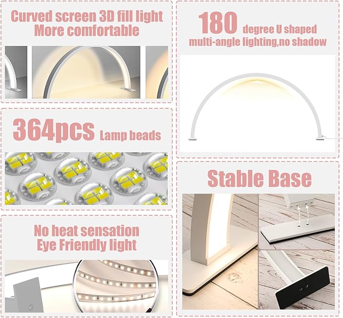 Half Moon Light for Nail Desk,30in Nail Desk Lamp, Lash Lamp for Eyelash Extensions Tattoo Spa Salon 180° All-Round Lighting Half Moon Nail Lamp with Cool/Warm Tones & 10 Brightness