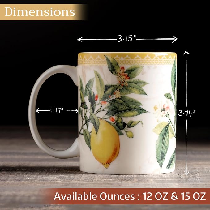 Maison d' Hermine Coffee Mug with Handles Tea Cups (12 Ounce, Pack of 1) | Fine Bone China Coffee Mugs for Hot Beverages Cappuccino Latte Home Restaurant Hotel Spring Summer -Limoncello - Combava
