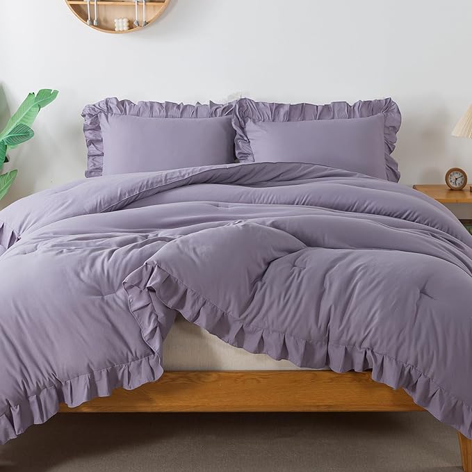 Andency Grayish Purple California King Comforter Set, 3 Pieces Cal King Ruffle Purple Comforter, Lightweight Oversized Farmhouse Shabby Chic Soft Microfiber Bedding Comforter Set (104x96Inch)