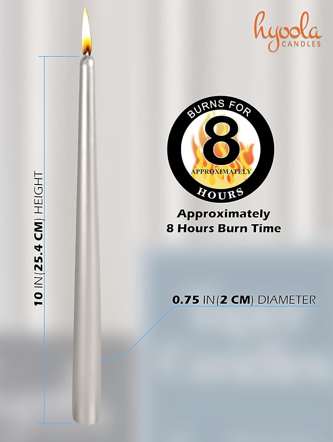 Hyoola Tall Taper Candles - 10 Inch - Metallic Titan - Dripless - 12 Pack - 8 Hour Burn Time