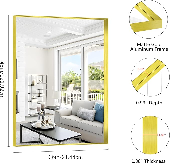 Gold Bathroom Mirror, 36x48 Inch Rectangular Framed Mirror, Large Wall Mounted Bathroom Vanity Mirror Over Sink for Bedroom,Restroom, Living Room, Hangs Vertically or Horizontally