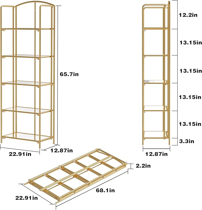 No Assembly Folding Bookshelf, 5 Tier Gold Bookshelf, Metal Book Shelf for Storage, Folding Bookcase for Office Organization and Storage, 12.87" D x 22.91" W x 68.1" H