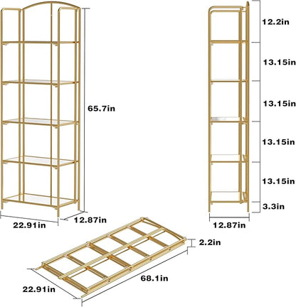 No Assembly Folding Bookshelf, 5 Tier Gold Bookshelf, Metal Book Shelf for Storage, Folding Bookcase for Office Organization and Storage, 12.87" D x 22.91" W x 68.1" H