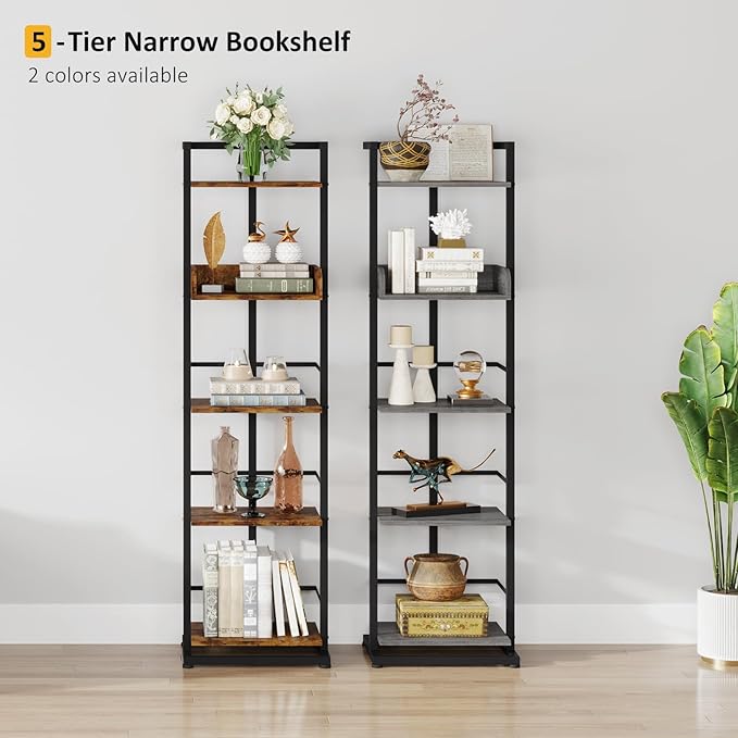 Bookshelf 5-Tier Book shelf - Narrow Wood Bookcase Tall Corner Book Shelves Storage Organizer Display Book Rack for Living Room Bedroom Office Home Grey