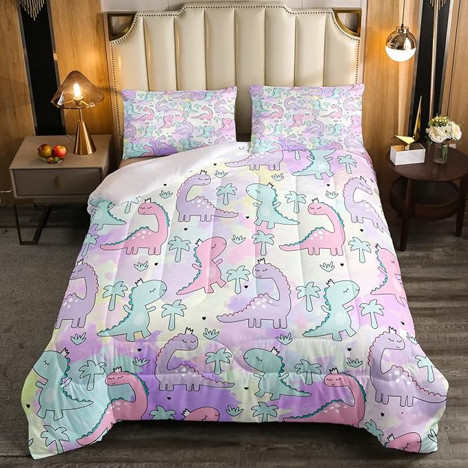 Erosebridal Dinosaur Comforter Set Full Size, Kawaii Dinosaur Bedding Sets for Kids Girls Boys Gift Bedroom Decor, Cartoon Cute Animals Duvet Set,Palm Leaf Down Comforter, Green Purple Pink