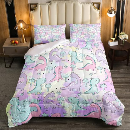 Erosebridal Dinosaur Comforter Set Queen Size, Kawaii Dinosaur Bedding Sets for Kids Girls Boys Gift Bedroom Decor, Cartoon Cute Animals Duvet Set,Palm Leaf Down Comforter, Green Purple Pink