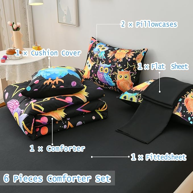 DORCAS Cute Owl Twin Comforter Boys Girls Bedding Sets Twin 6 Pieces Animal Bed-in-A-Bag Twin with Comforter,Sheets,Pillowcases for Kids