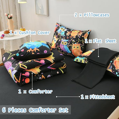 DORCAS Cute Owl Twin Comforter Boys Girls Bedding Sets Twin 6 Pieces Animal Bed-in-A-Bag Twin with Comforter,Sheets,Pillowcases for Kids