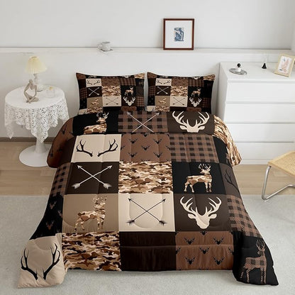 Antler Silhouette Kids Comforter Set Queen Size,Camo Brown Rustic Bedding Set,Girls Boys Adults Home/Xmas Cottage Decor,Stylish Plaid Grids Down Comforter,Arrows Boho Duvet Insert,3pcs,2 Pillowcases