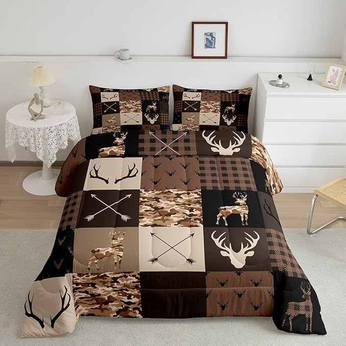 Camo Deer Antlers Kids Comforter Set Twin Size,Animal Arrow Silhouette Bedding Set,Girls Boys Adults Home/Xmas Cabin Decor,Lattice Patchwork Down Comforter,Brown Rustic Duvet Insert,2pcs,1 Pillowcase