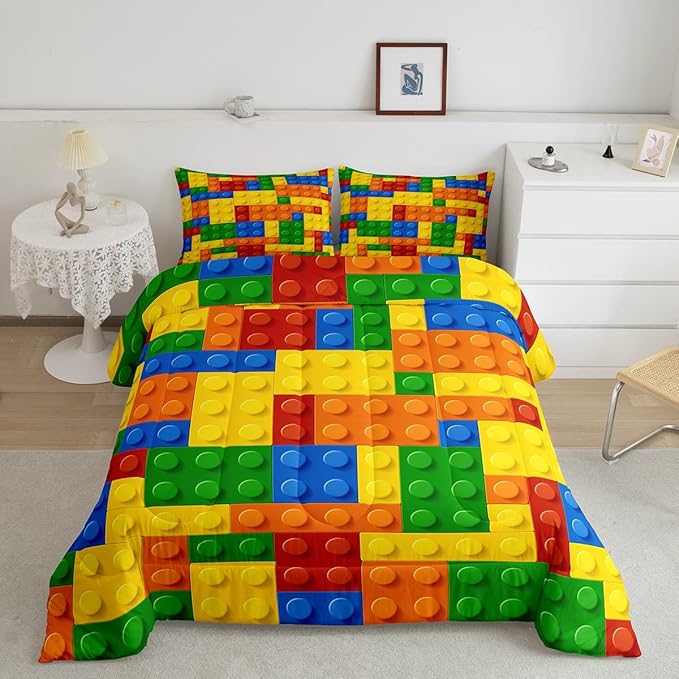Feelyou Games Comforter Set King Building Blocks Bedding Set for Kids Boys Girls Colorful Geometric Toy Brick Comforter Gaming Nursery Quilt Duvet Set with 2 Pillowcase Boys