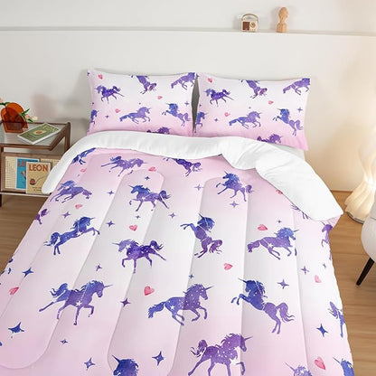 HOSIMA Kawaii Unicorn Comforter,Purple Unicorn with Stars and Love Heart Princess Toddler Bedding Set-Soft Microfiber Full Size Bed in a Bag,Fairycore Room Decor Pink Comforter with 2 Pillowcases.