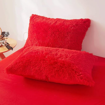 FOPPA Christmas red Comforter Cover Set Queen - Ultra Soft Plush red Bedding Sets 3 Pieces (1 Faux Fur Duvet Cover + 2 Faux Fur Pillow case) red Bed Set Queen (Red, Queen)