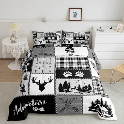 Deer Bear Comforter Set Full Size,Pine Trees Christmas Bedding Set for Kids Boys Girls Adults Room Decor,Camping Adventure Rustic Farmhouse Down Comforter,Black Retro Duvet Insert,2 Pillowcases