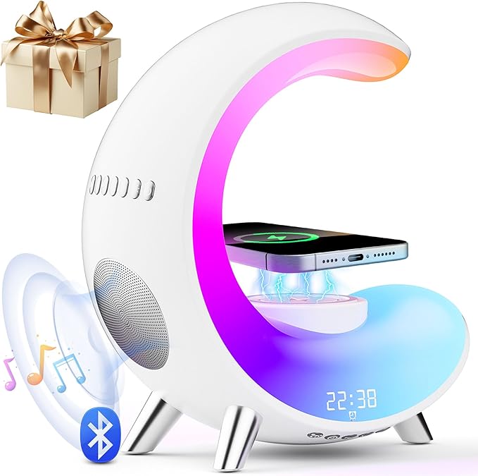 Multifunctional Bluetooth Speaker with Desk Lamp, Table Lamp Ambient Lighting with Wireless Fast Charging, Alarm Clock, Running Lights Table Lamps, Mood lights