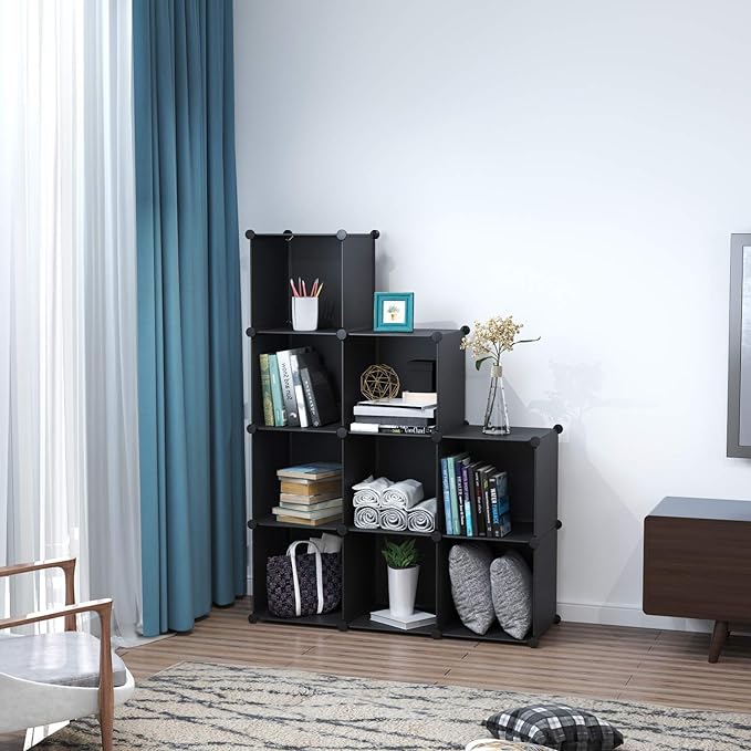 C&AHOME Cube Storage, 9-Cube BookShelf, Plastic Closet Cabinet Organizer, DIY Stackable Bookcase, Modular shelving Units Ideal for Home, Office, Kids Room, 36.6" L x 12.4" W x 48.4" H Black SHS3009A