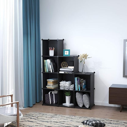 C&AHOME Cube Storage, 9-Cube BookShelf, Plastic Closet Cabinet Organizer, DIY Stackable Bookcase, Modular shelving Units Ideal for Home, Office, Kids Room, 36.6" L x 12.4" W x 48.4" H Black SHS3009A
