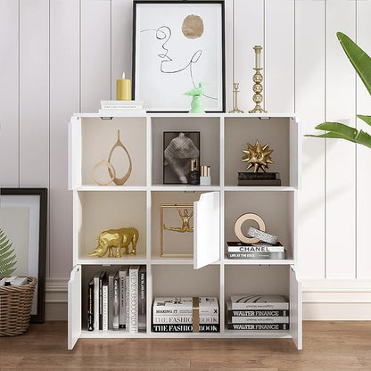 9-Cube Storage Shelf Bookcase - Wooden 3-Tier Floor Standing Open Bookshelf with Doors for Home and Office, Display Cabinet, Warm White