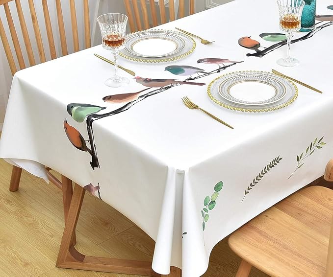 Wipeable Waterproof Tablecloth Vinyl Tablecloths for Rectangle Tables Heavy Duty PVC Tablecloth for Kitchen Dining Table(Birds, 54'' x 72'')